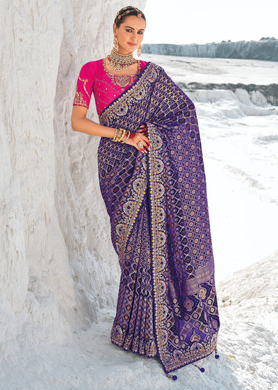 Violet Color Pure Georgette Bandhani Patola Print Zari Woven Heavy Saree with Contrast Blouse