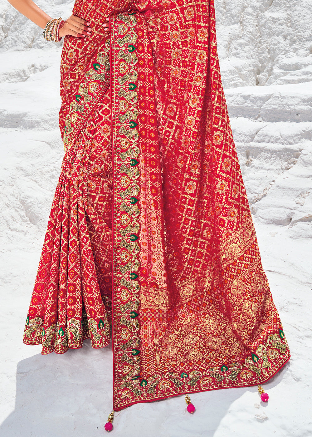 Red Color Pure Georgette Bandhani Print Zari Woven Heavy Saree with Contrast Blouse