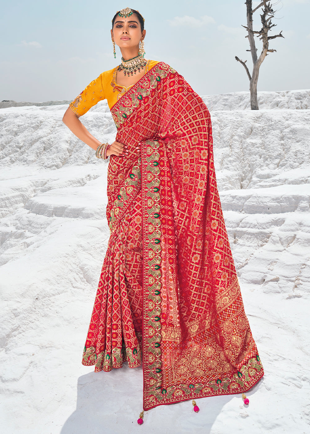 Red Color Pure Georgette Bandhani Print Zari Woven Heavy Saree with Contrast Blouse