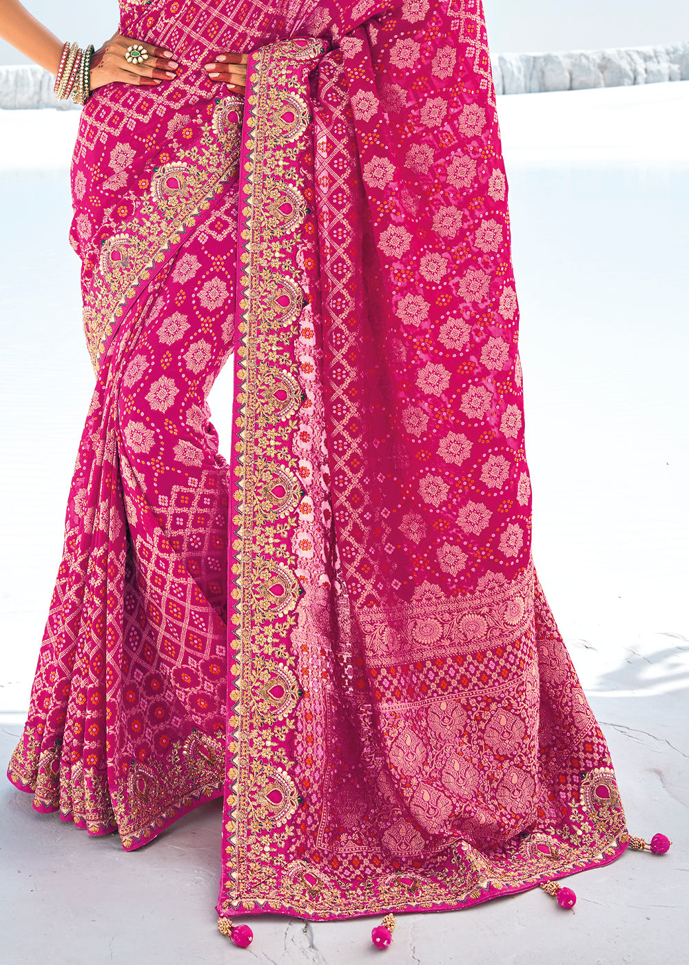 Pink Color Pure Georgette Bandhani Print Zari Woven Heavy Saree with Contrast Blouse