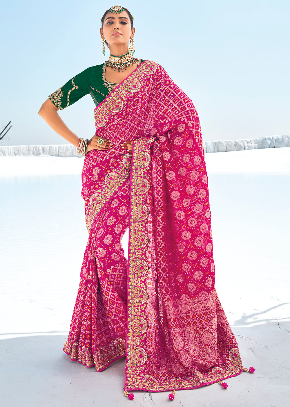 Pink Color Pure Georgette Bandhani Print Zari Woven Heavy Saree with Contrast Blouse