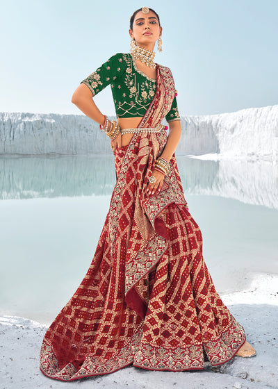 Maroon Color Pure Georgette Bandhani-Leheriya Print Zari Woven Heavy Saree with Contrast Blouse