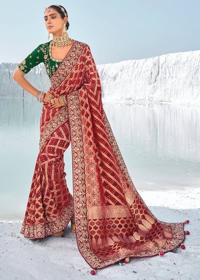 Maroon Color Pure Georgette Bandhani-Leheriya Print Zari Woven Heavy Saree with Contrast Blouse