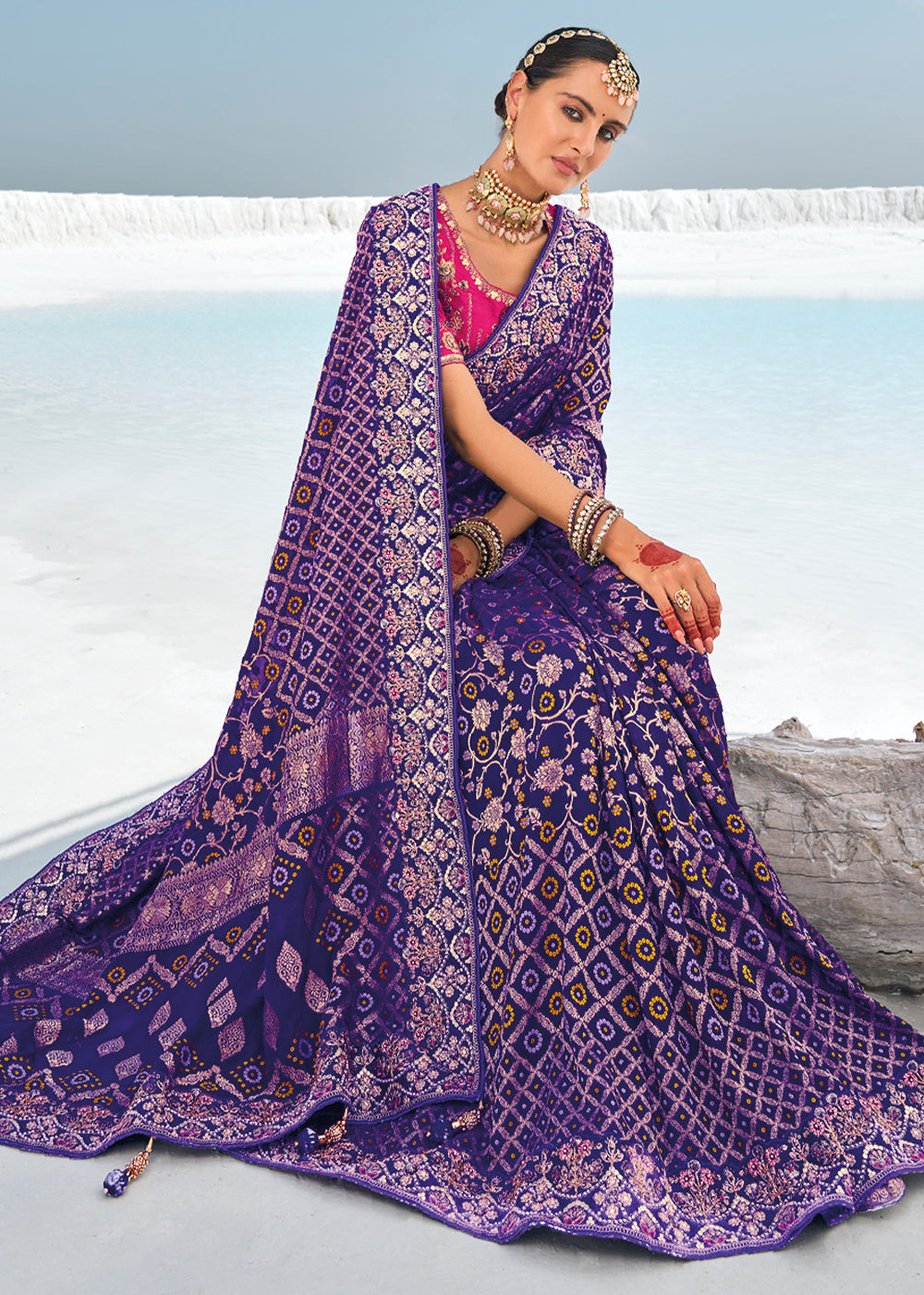 Violet Color Pure Georgette Bandhani Print Zari Woven Heavy Saree with Contrast Blouse