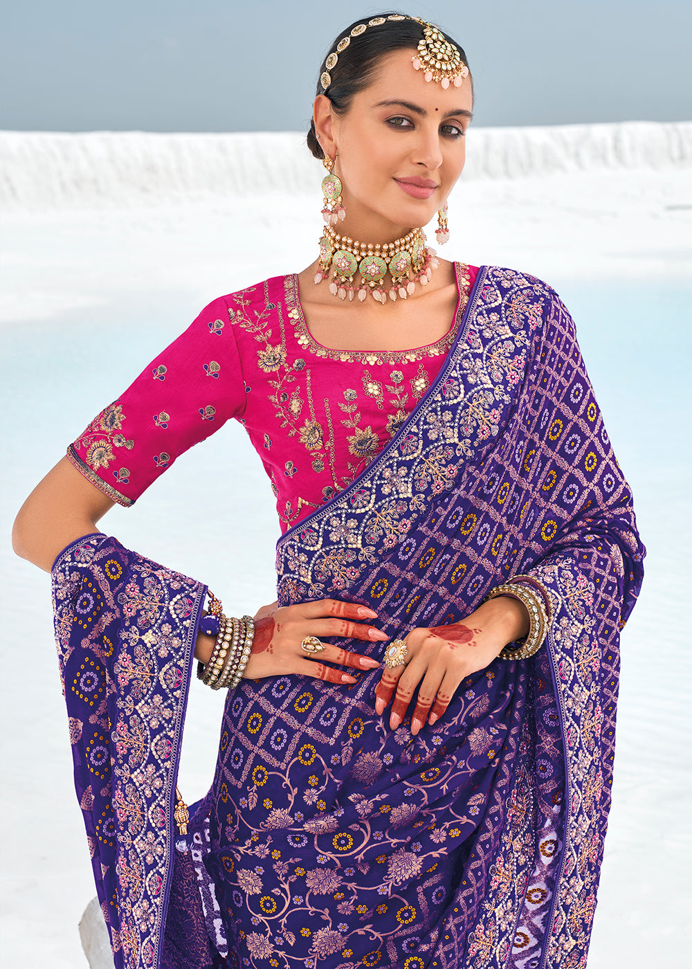 Violet Color Pure Georgette Bandhani Print Zari Woven Heavy Saree with Contrast Blouse