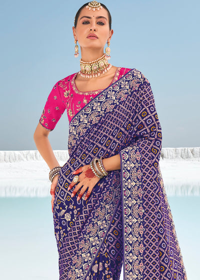 Violet Color Pure Georgette Bandhani Print Zari Woven Heavy Saree with Contrast Blouse