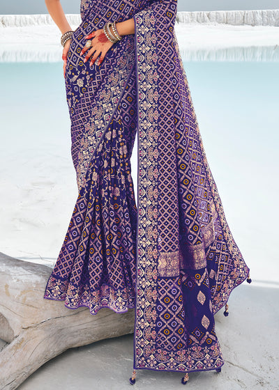 Violet Color Pure Georgette Bandhani Print Zari Woven Heavy Saree with Contrast Blouse