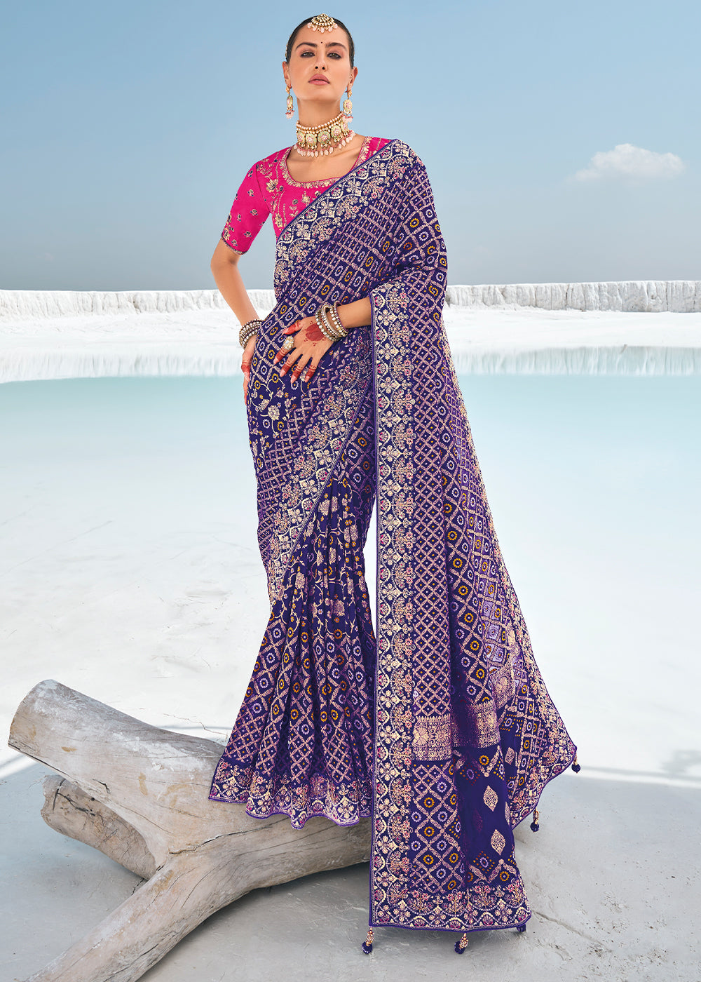 Violet Color Pure Georgette Bandhani Print Zari Woven Heavy Saree with Contrast Blouse