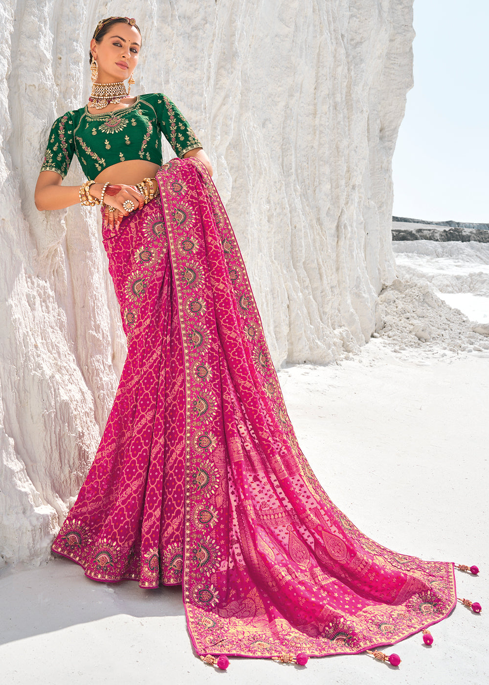 Pink Color Pure Georgette Bandhani Leheriya Print Zari Woven Heavy Saree with Contrast Blouse