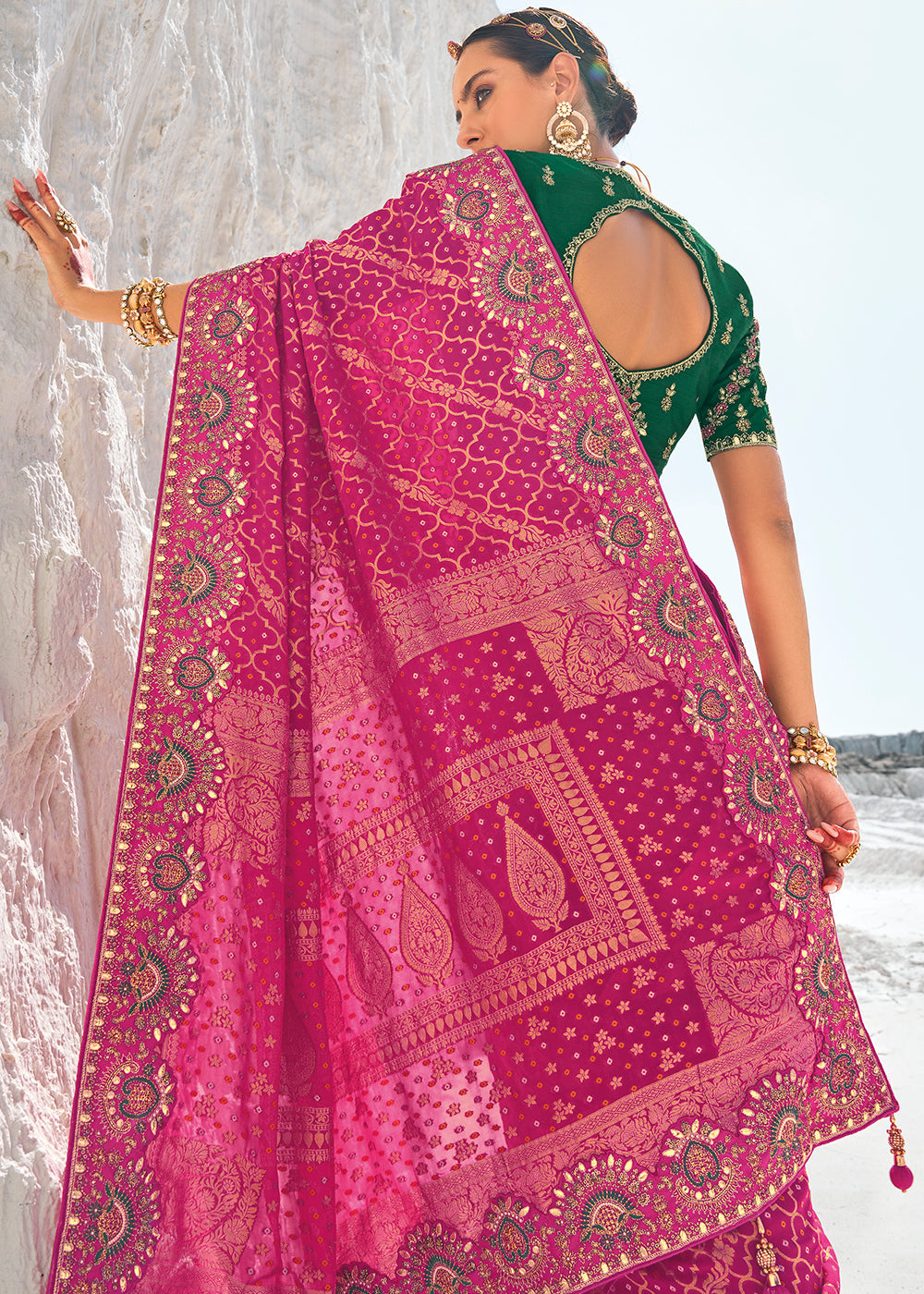 Pink Color Pure Georgette Bandhani Leheriya Print Zari Woven Heavy Saree with Contrast Blouse