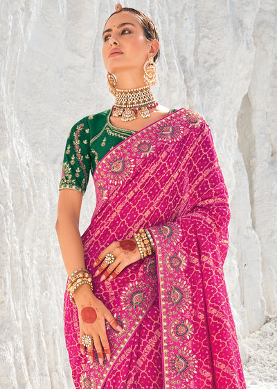 Pink Color Pure Georgette Bandhani Leheriya Print Zari Woven Heavy Saree with Contrast Blouse