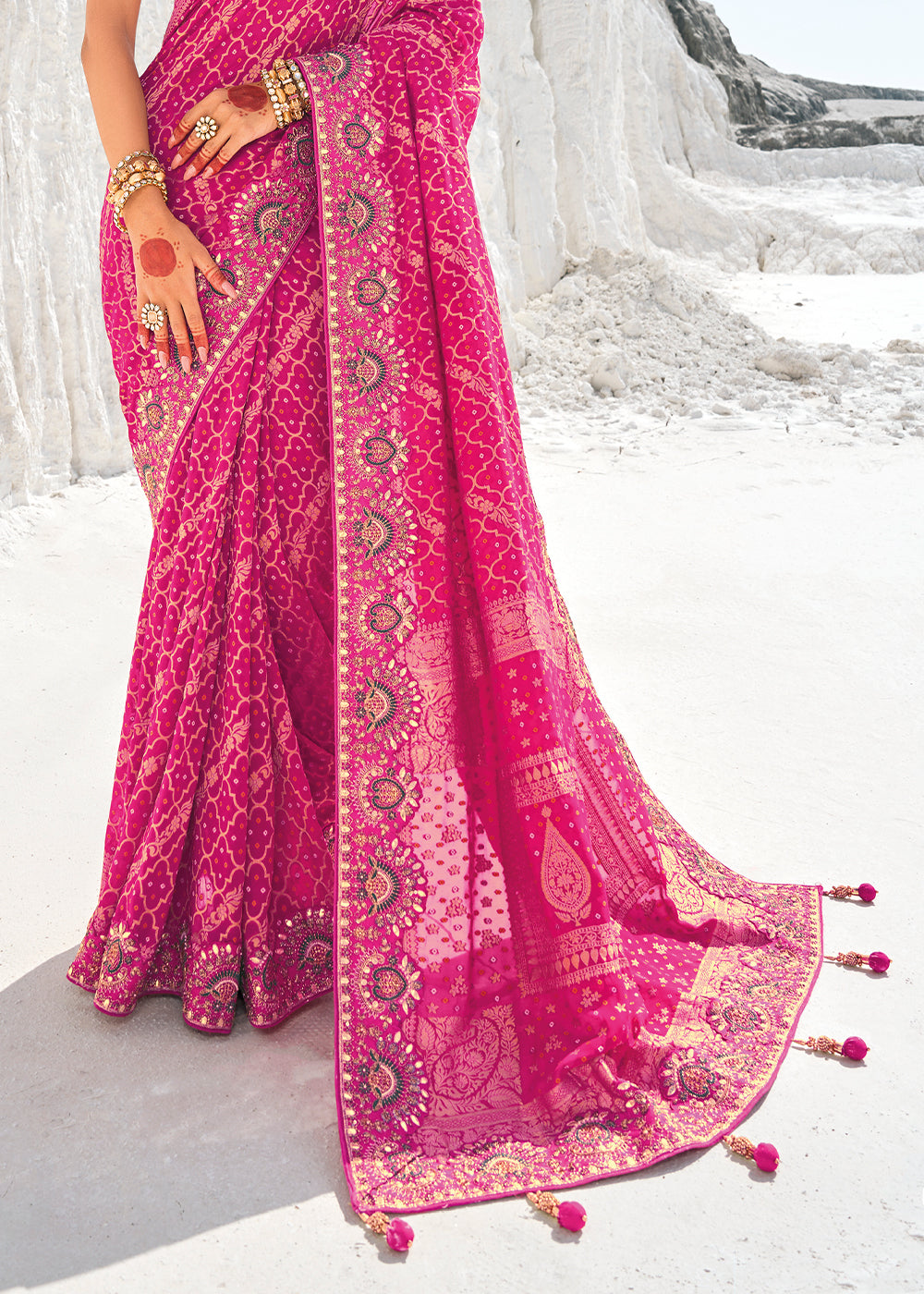 Pink Color Pure Georgette Bandhani Leheriya Print Zari Woven Heavy Saree with Contrast Blouse