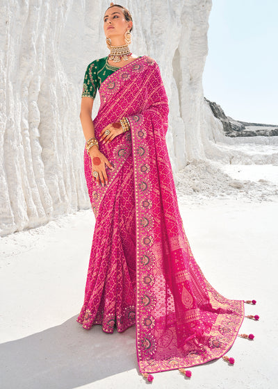 Pink Color Pure Georgette Bandhani Leheriya Print Zari Woven Heavy Saree with Contrast Blouse