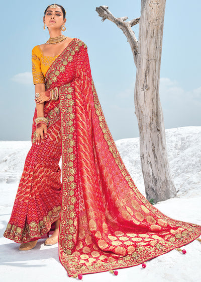 Red Color Pure Georgette Bandhani Leheriya Print Zari Woven Heavy Saree with Contrast Blouse