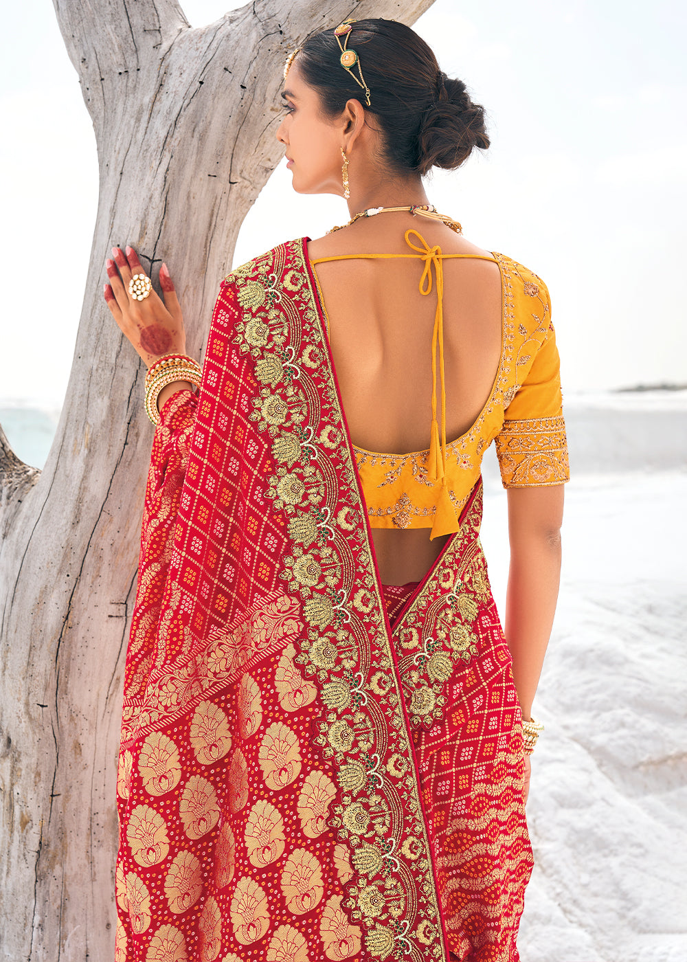 Red Color Pure Georgette Bandhani Leheriya Print Zari Woven Heavy Saree with Contrast Blouse