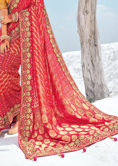 Red Color Pure Georgette Bandhani Leheriya Print Zari Woven Heavy Saree with Contrast Blouse