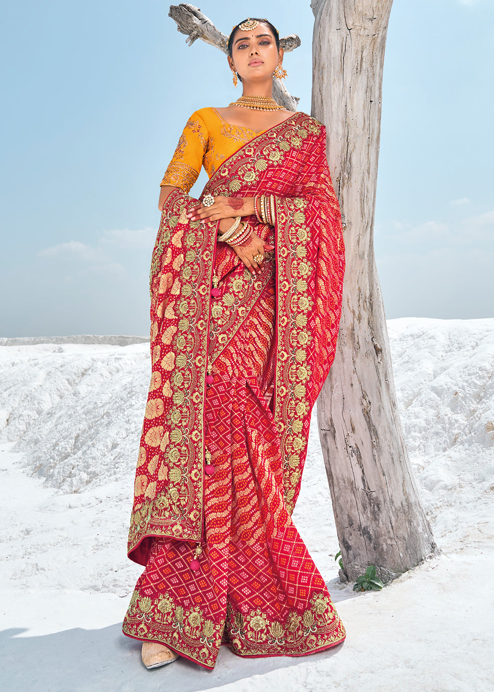 Red Color Pure Georgette Bandhani Leheriya Print Zari Woven Heavy Saree with Contrast Blouse