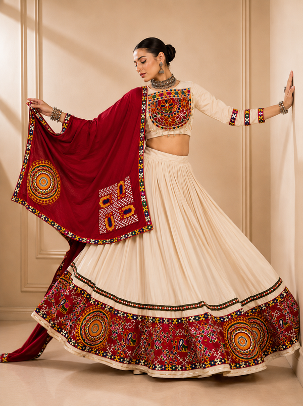 Cream color Navratri Designer Ready To Wear Lehenga Set houseofpanchhi