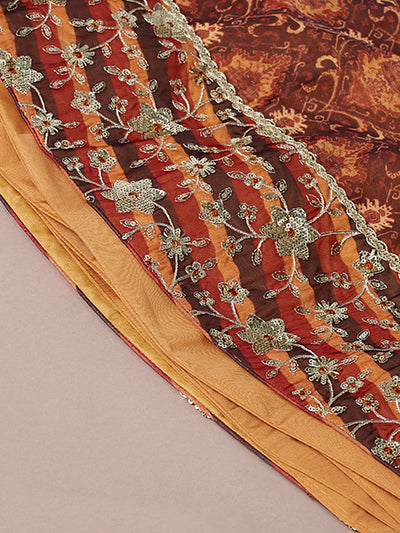 Brown Organza Floral Print and sequinse work Semi-Stitched Lehenga choli