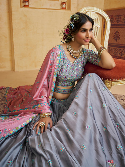 Grey Color Silk Fabric Sequins embroidery Semi-Stitched Lehenga choli & Dupatta houseofpanchhi