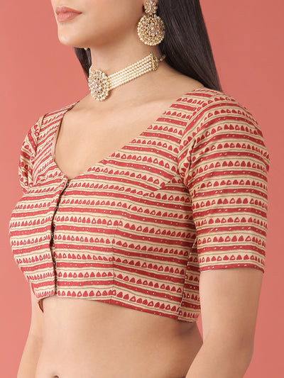 Maroon-Toned Cotton Silk Tribal Pattern Print Readymade Blouse