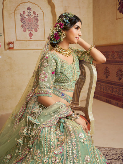 Rosegold Bridal Net Sequins, Moti, Mirror and thread embroidery Semi-Stitched Lehenga House of Panchhi