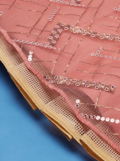 Peach Net Sequins Embroidered Semi-Stitched Lehenga