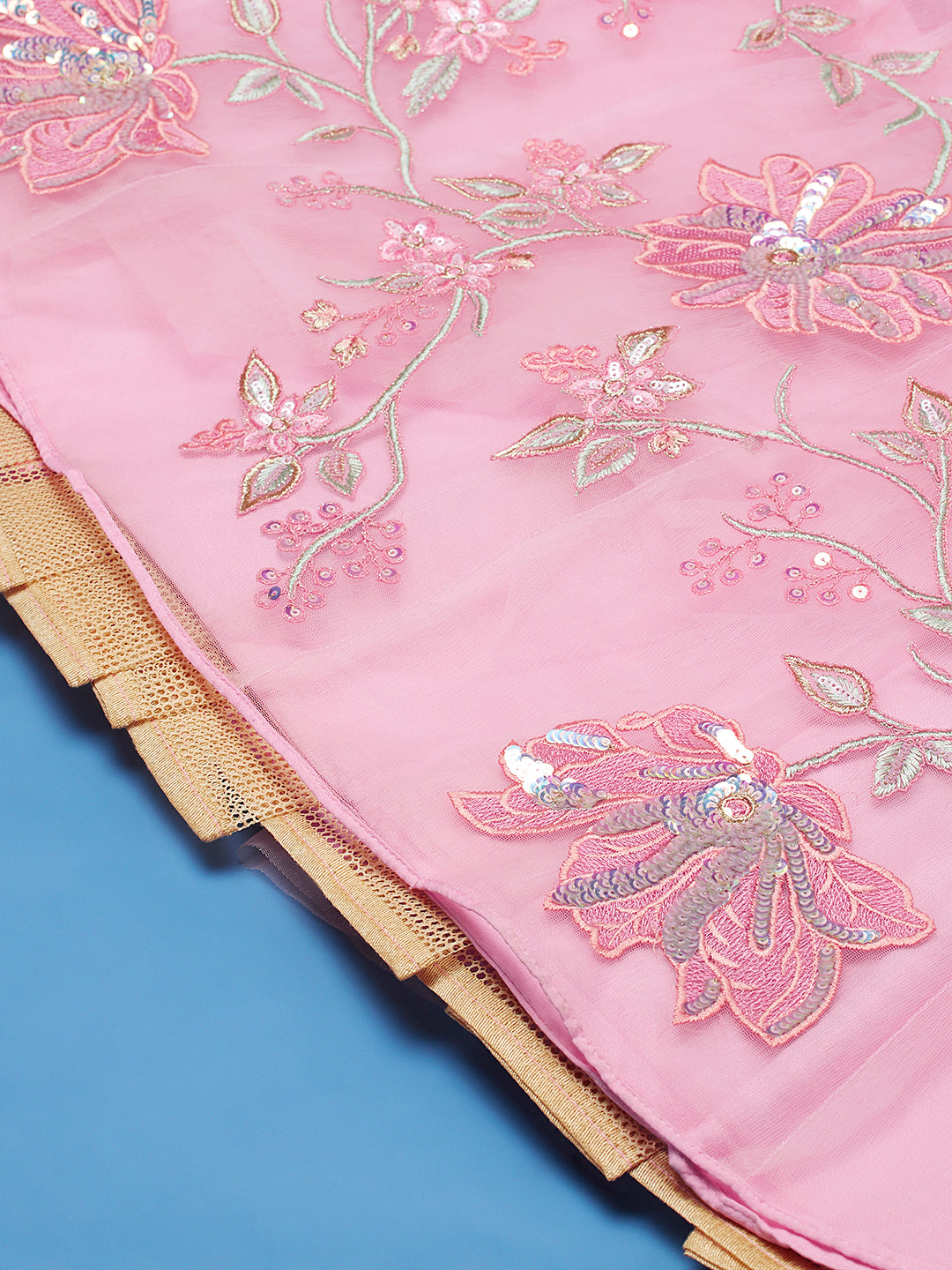 Pink Net Peach Colour Sequins Work Semi-Stitched Lehenga