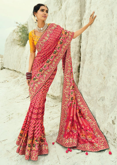 Violet Color Pure Georgette Bandhani Patola Print Zari Woven Heavy Saree with Contrast Blouse (Copy) House of Panchhi