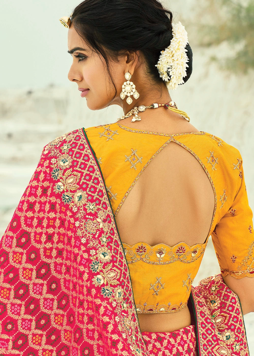 Violet Color Pure Georgette Bandhani Patola Print Zari Woven Heavy Saree with Contrast Blouse (Copy) House of Panchhi