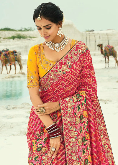 Violet Color Pure Georgette Bandhani Patola Print Zari Woven Heavy Saree with Contrast Blouse (Copy) House of Panchhi