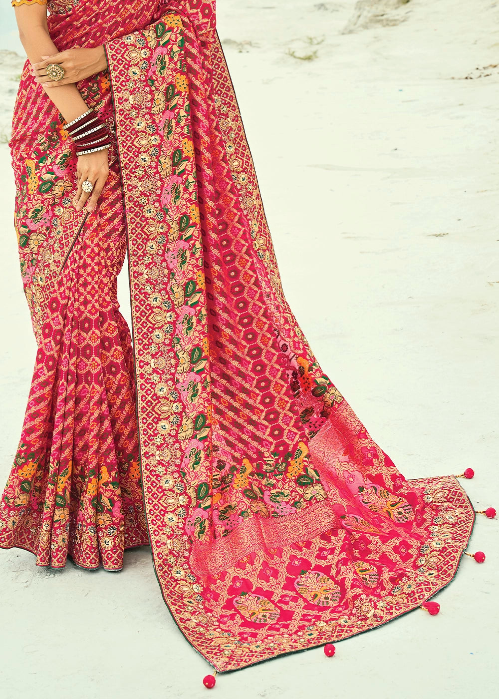 Violet Color Pure Georgette Bandhani Patola Print Zari Woven Heavy Saree with Contrast Blouse (Copy) House of Panchhi