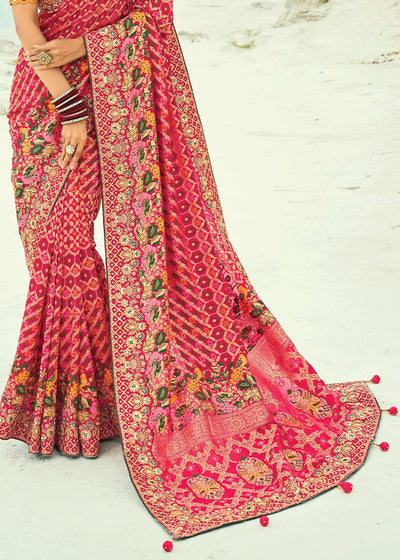 Violet Color Pure Georgette Bandhani Patola Print Zari Woven Heavy Saree with Contrast Blouse (Copy) House of Panchhi