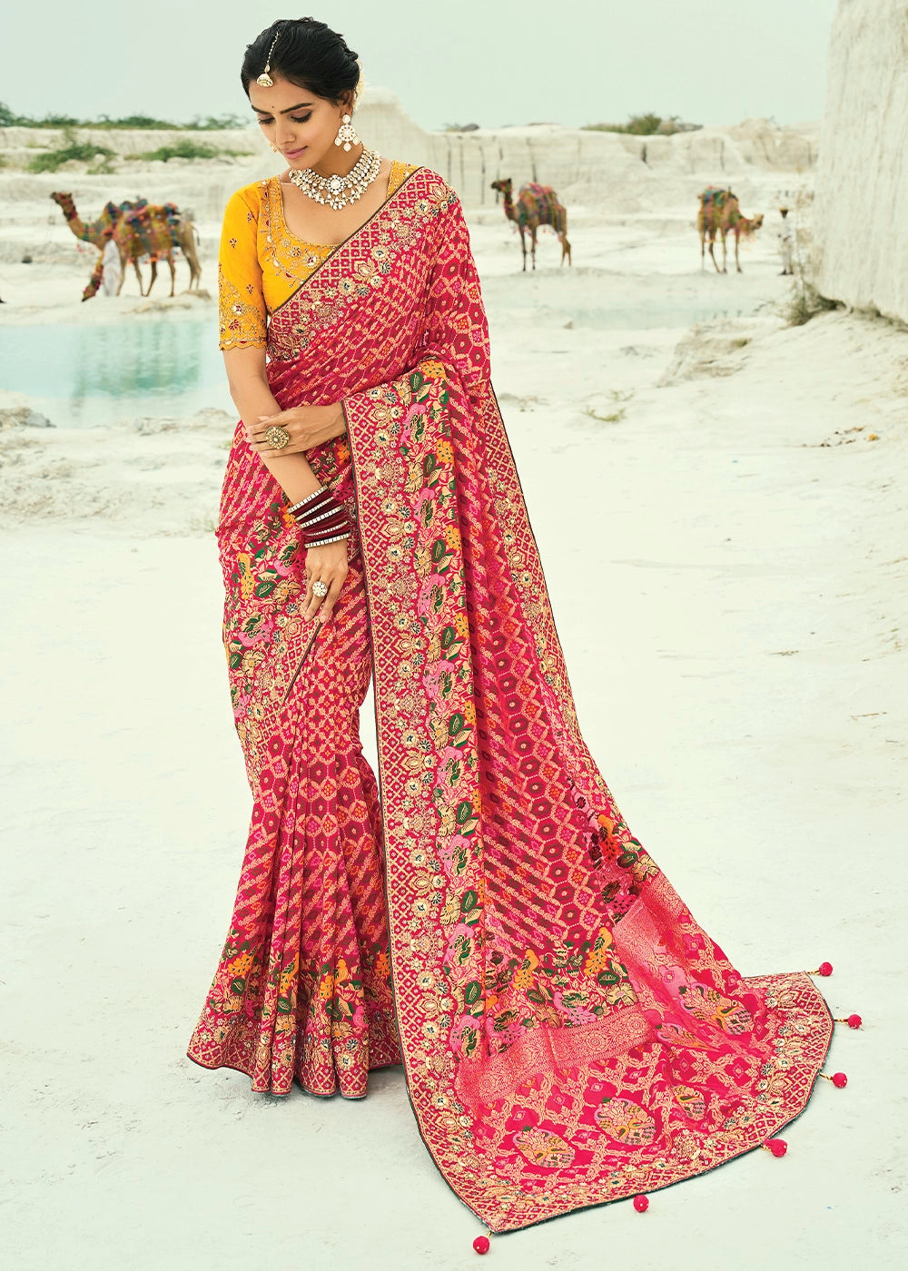 Violet Color Pure Georgette Bandhani Patola Print Zari Woven Heavy Saree with Contrast Blouse (Copy) House of Panchhi