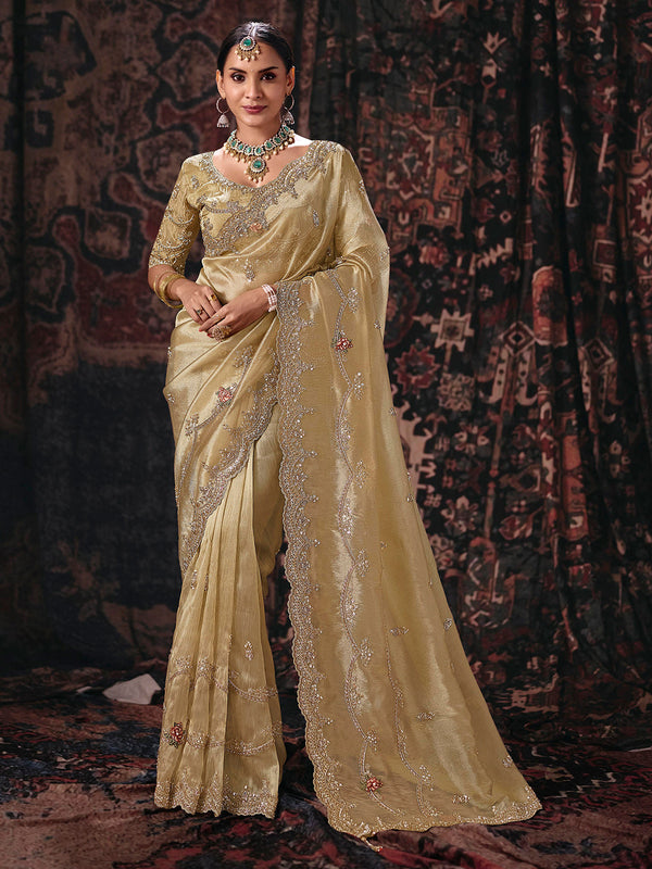 Gold Kanjivaram Silk Fabric Beads & Sequence Embroidery Work Saree House of Panchhi