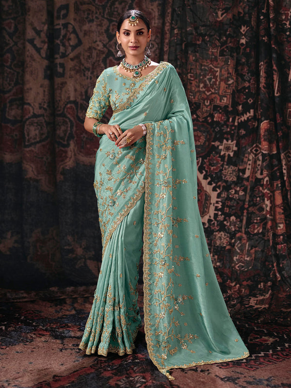 Sky blue Pure Tissue Fabric Beads & Sequence Embroidery Work Saree House of Panchhi