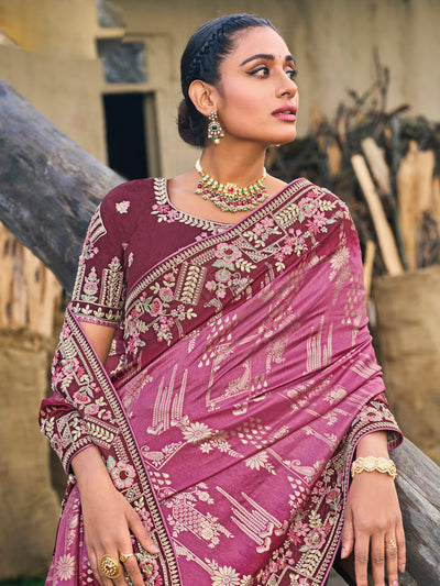 Magenta-Pink Color Pure Dola Silk Patch Work Embroiderey Saree