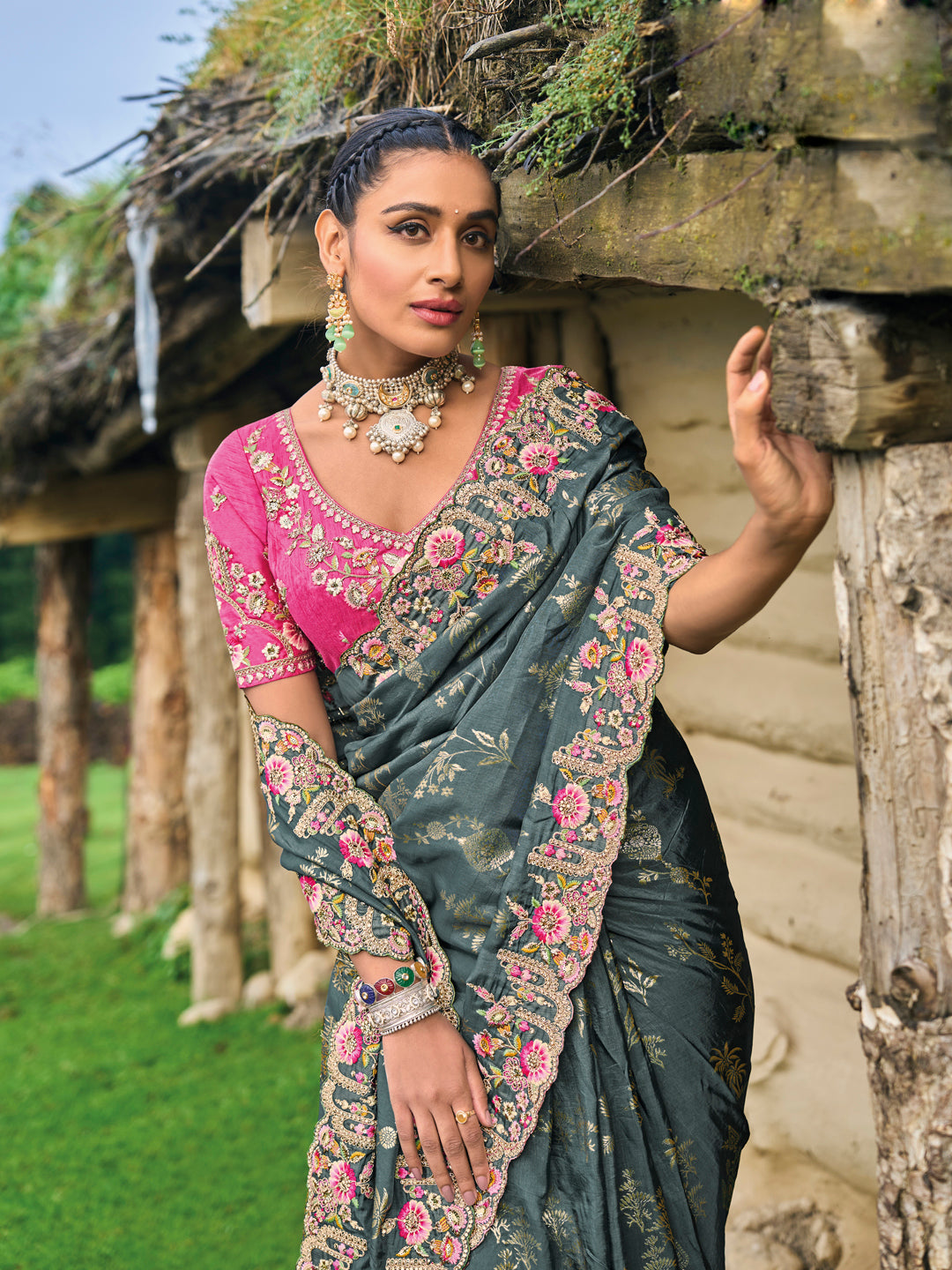 Grey Color Pure Dola Silk Patch Work Embroiderey Saree