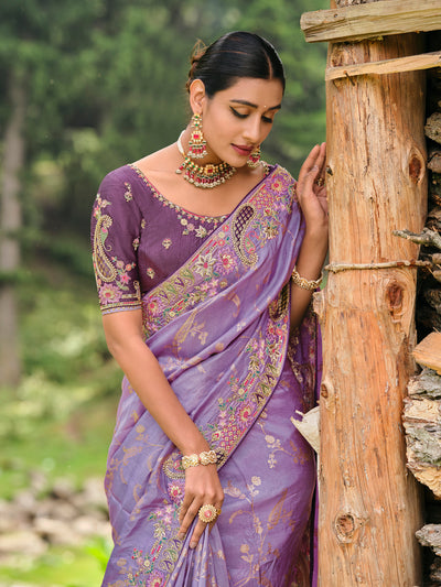 Lavender Color Pure Dola Silk Patch Work Embroiderey Saree