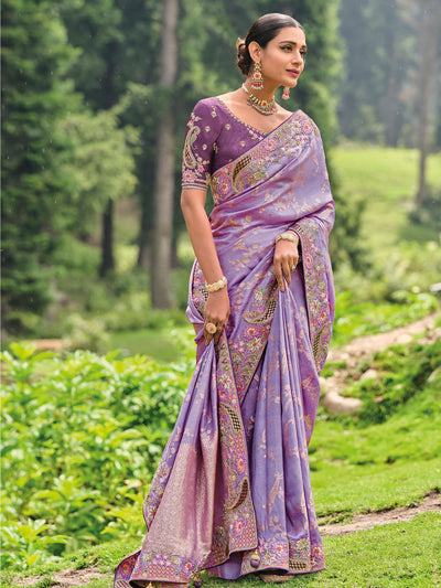 Lavender Color Pure Dola Silk Patch Work Embroiderey Saree