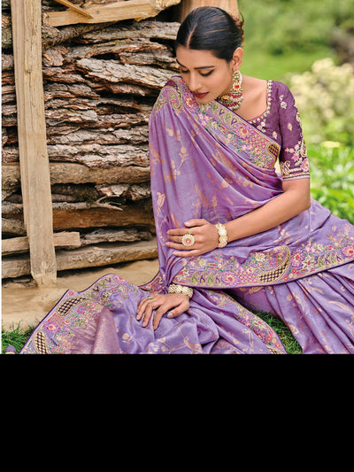 Lavender Color Pure Dola Silk Patch Work Embroiderey Saree