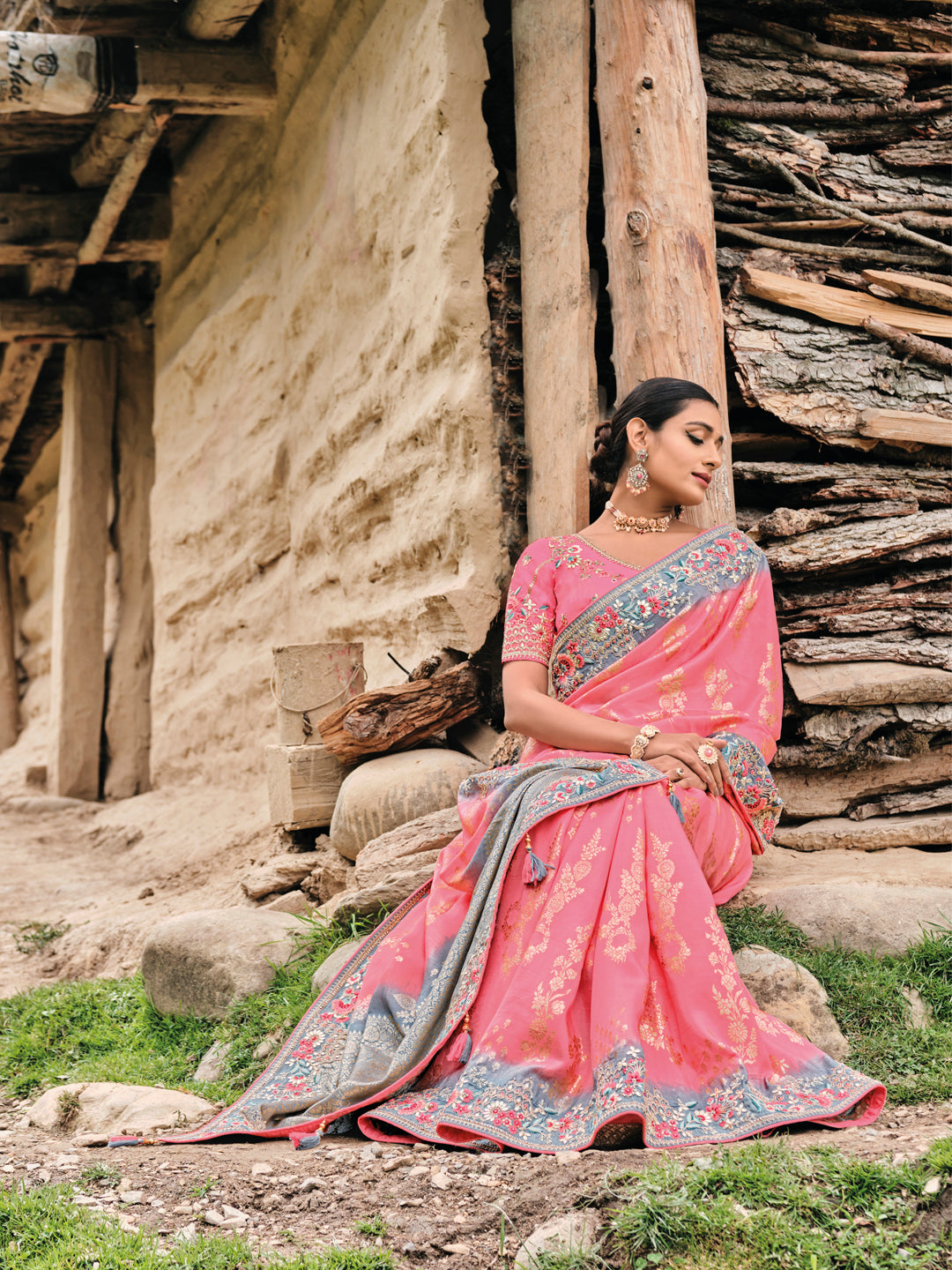 Pink-Grey Color Pure Dola Silk Gota Patti,Patch Work Embroiderey Saree