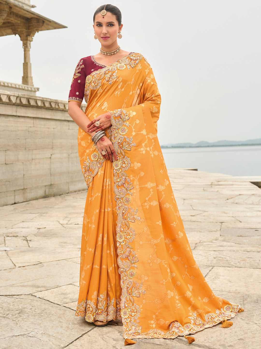 Shade of Orange Color Soft Silk Embroidered Heavy Border Saree