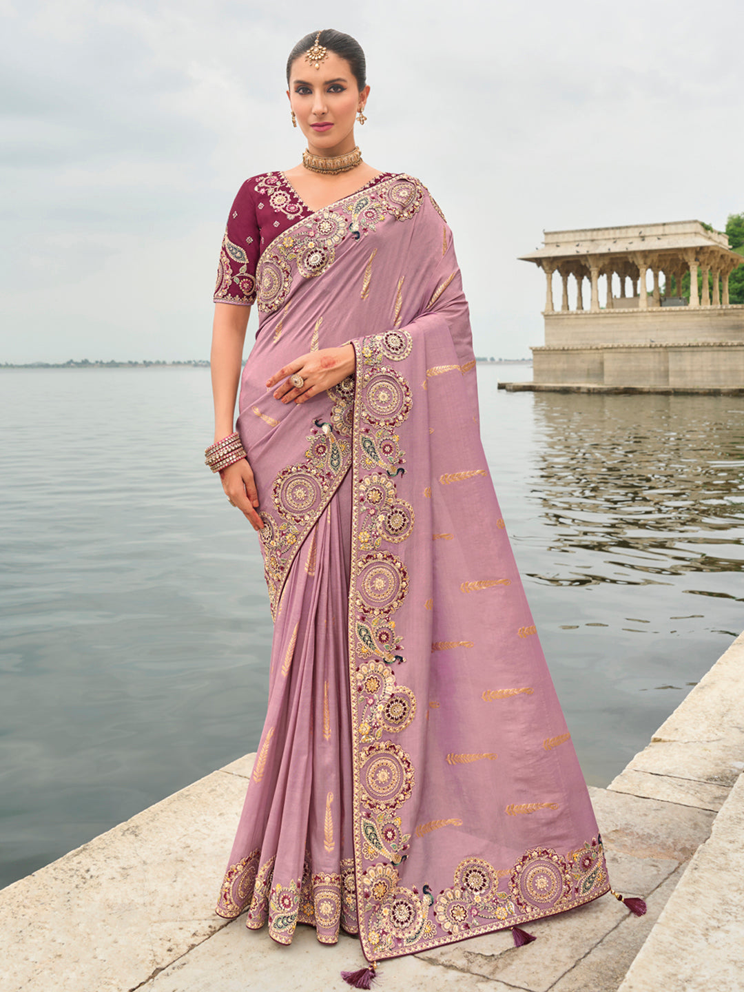 Lavender Color Soft Silk Embroidered Heavy Border Saree