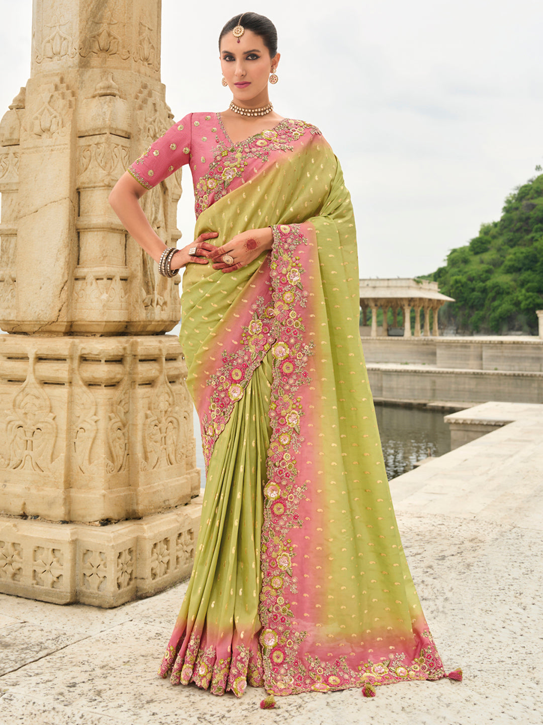 Pink-Green Shaded Color Soft Silk Embroidered Heavy Border Saree