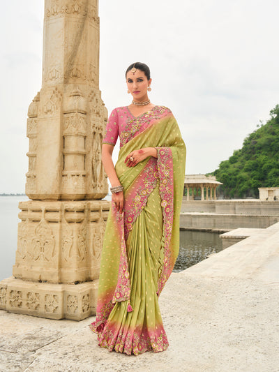 Pink-Green Shaded Color Soft Silk Embroidered Heavy Border Saree