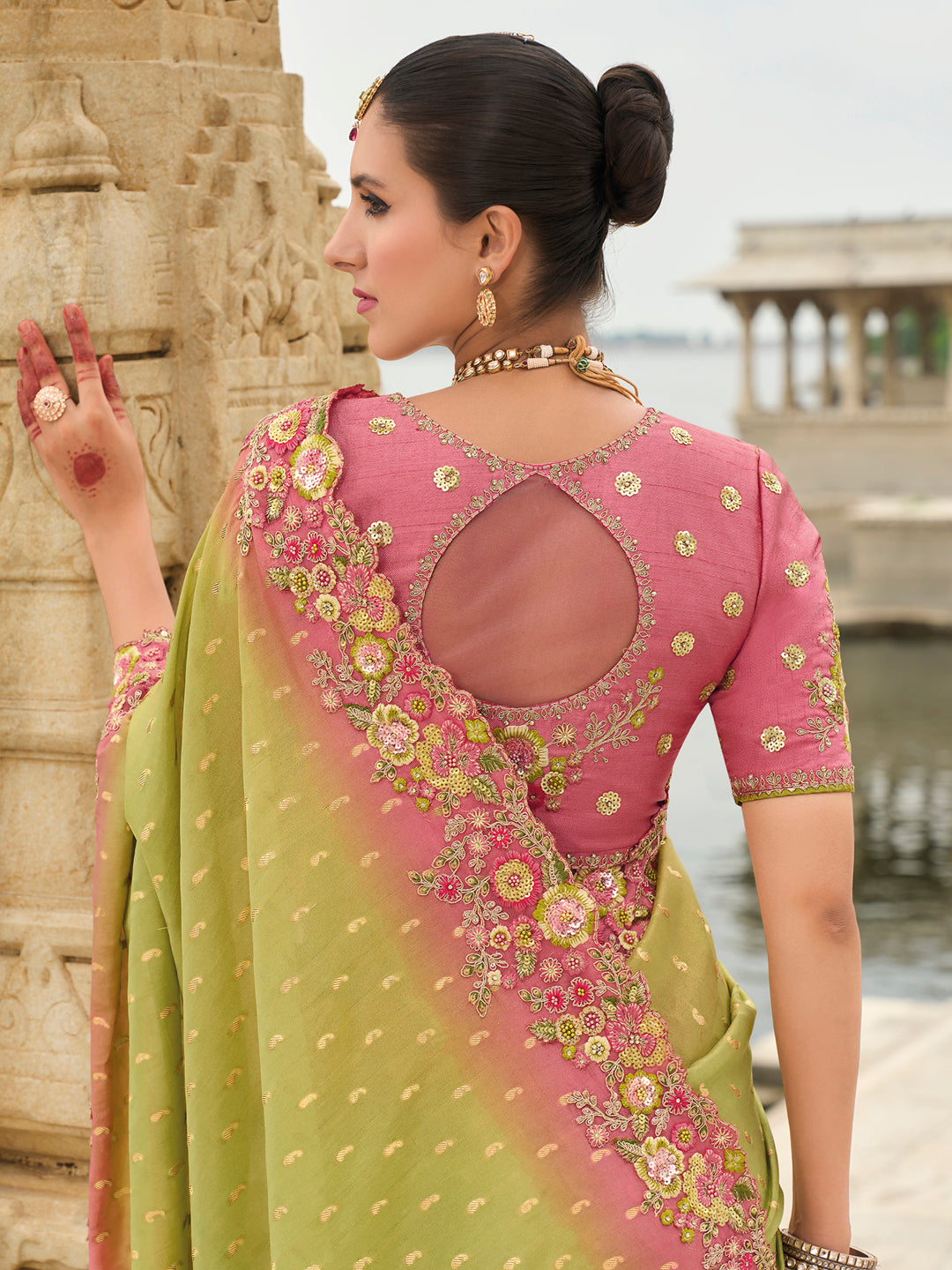 Pink-Green Shaded Color Soft Silk Embroidered Heavy Border Saree