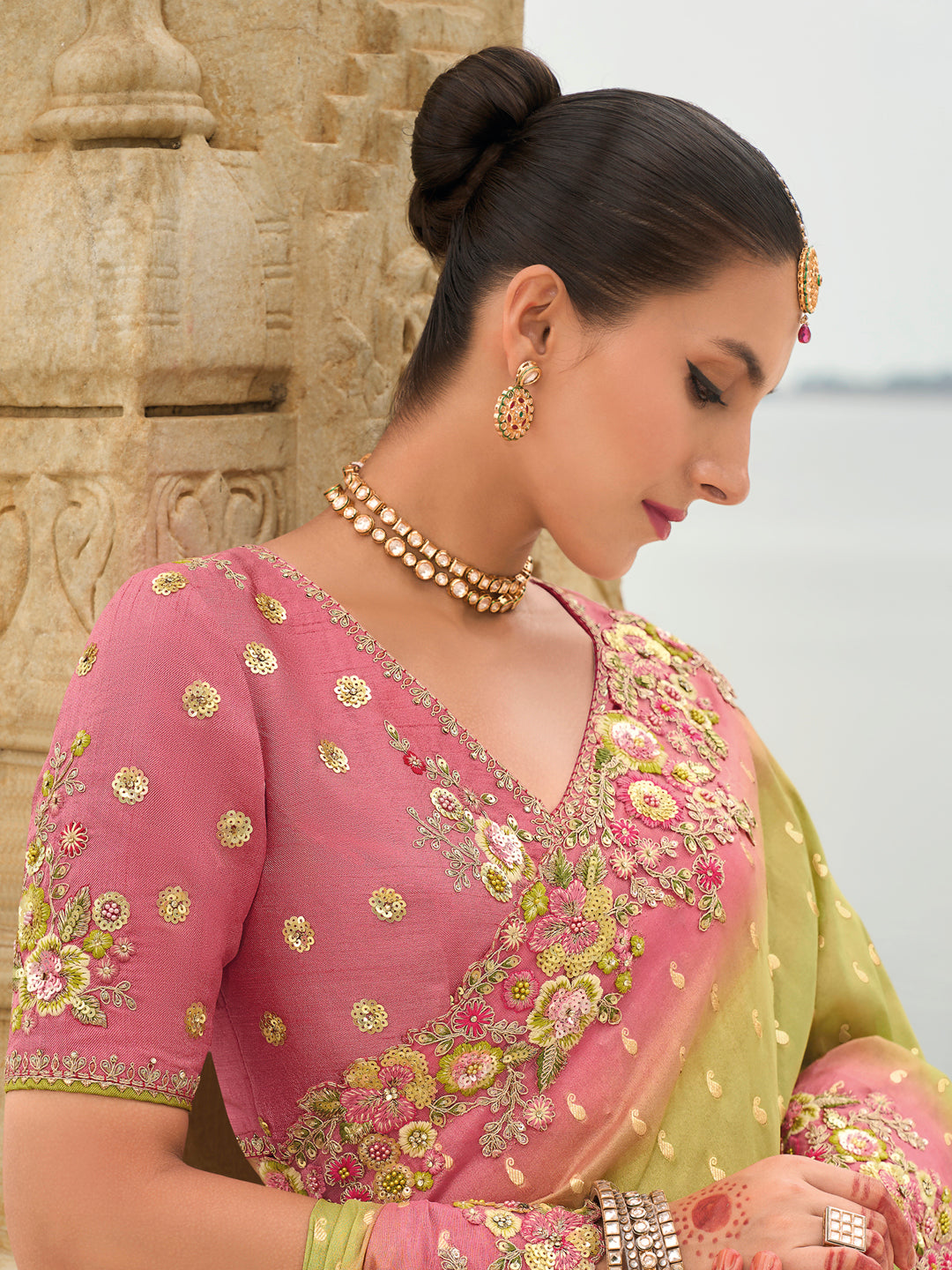 Pink-Green Shaded Color Soft Silk Embroidered Heavy Border Saree