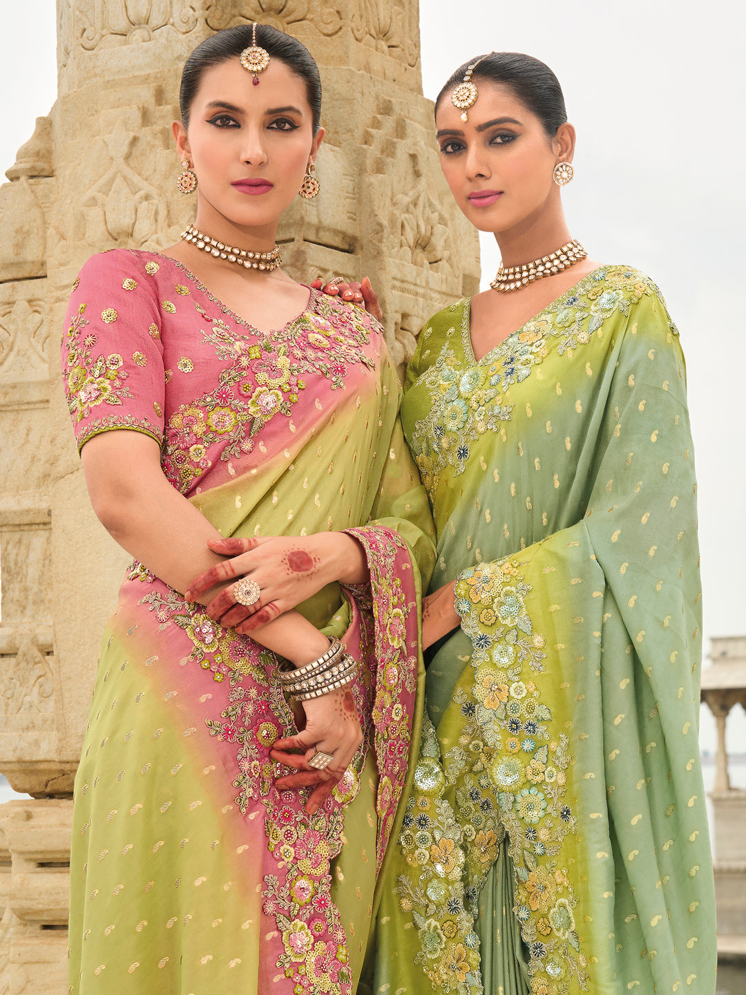 Pink-Green Shaded Color Soft Silk Embroidered Heavy Border Saree