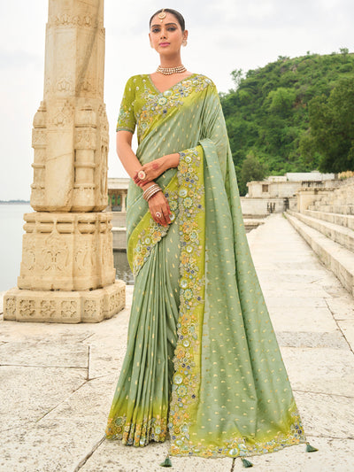 Pista-Green Shaded Color Soft Silk Embroidered Heavy Border Saree